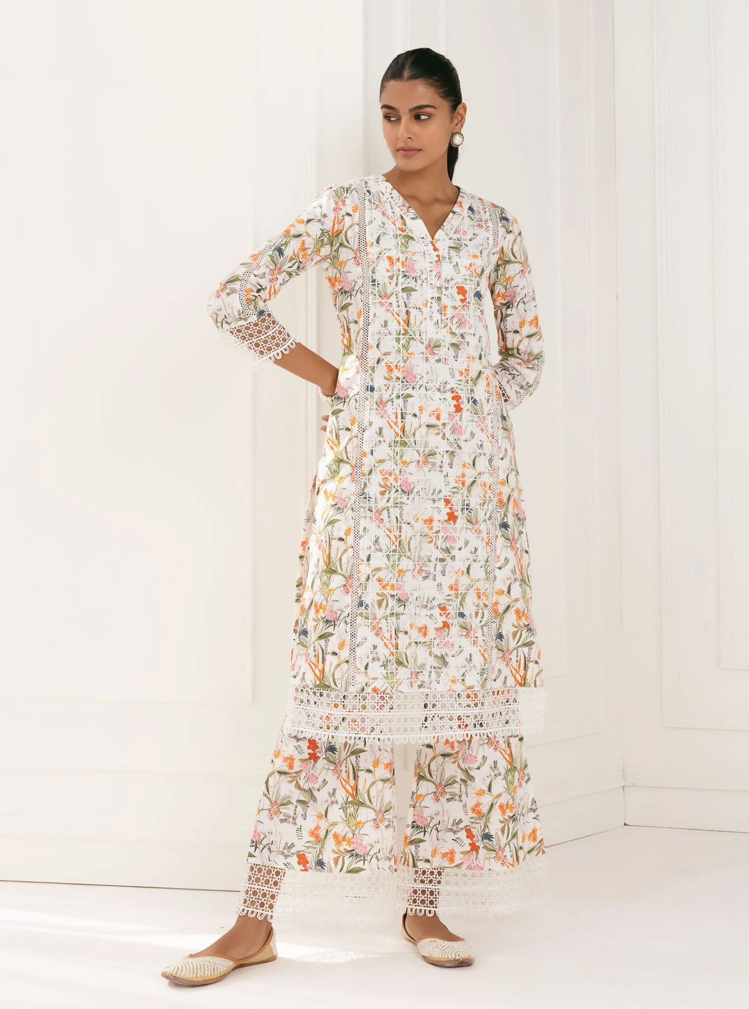 Mulmul Cotton Stassie White Kurta With Stassie White Pant