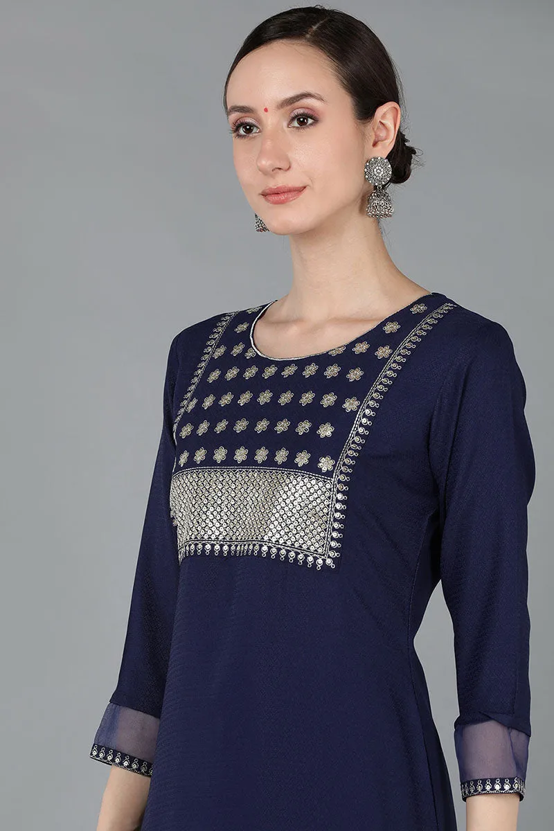 Navy Blue Poly Silk Yoke Design Sequined Straight Kurta Pant With Dupatta