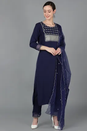 Navy Blue Poly Silk Yoke Design Sequined Straight Kurta Pant With Dupatta