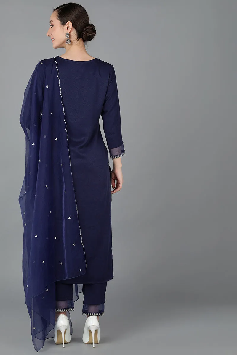 Navy Blue Poly Silk Yoke Design Sequined Straight Kurta Pant With Dupatta