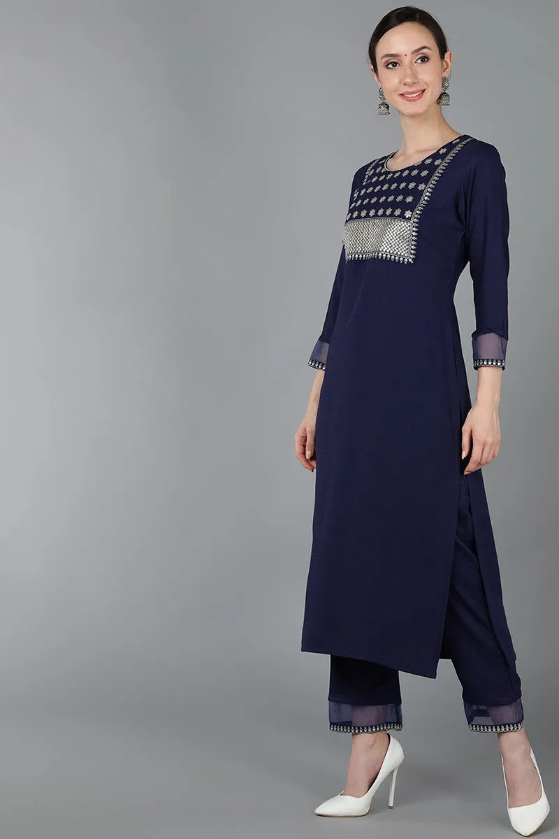 Navy Blue Poly Silk Yoke Design Sequined Straight Kurta Pant With Dupatta