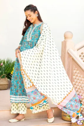 Nazreen Printed Blue Embroidered Flared Kurta With Pant & Dupatta
