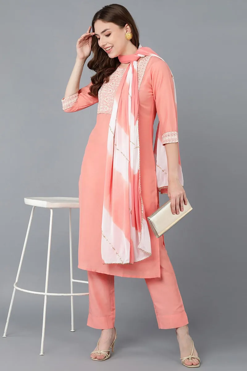 Peach Poly Silk Embroidered Straight Suit Set