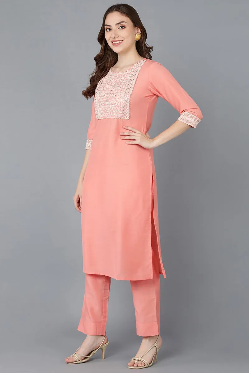 Peach Poly Silk Embroidered Straight Suit Set