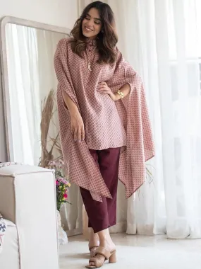 Peach Printed Silk Blend Kaftan Kaftan With Trousers