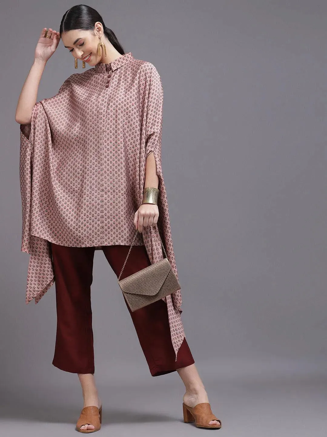 Peach Printed Silk Blend Kaftan Kaftan With Trousers