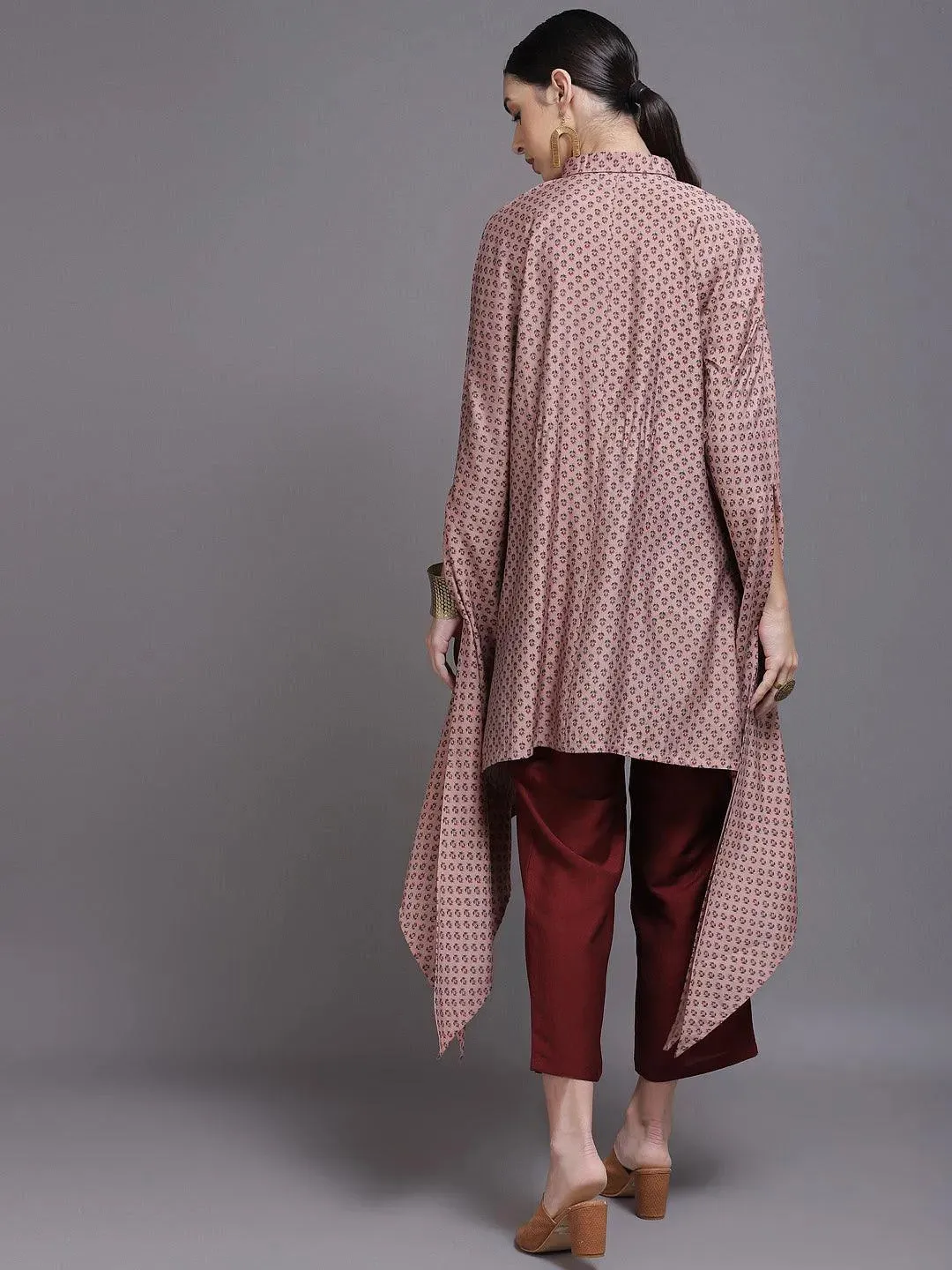 Peach Printed Silk Blend Kaftan Kaftan With Trousers