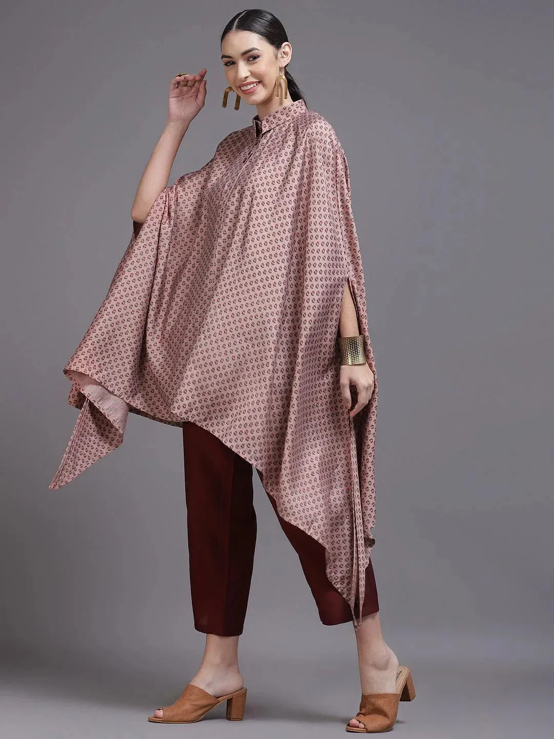Peach Printed Silk Blend Kaftan Kaftan With Trousers