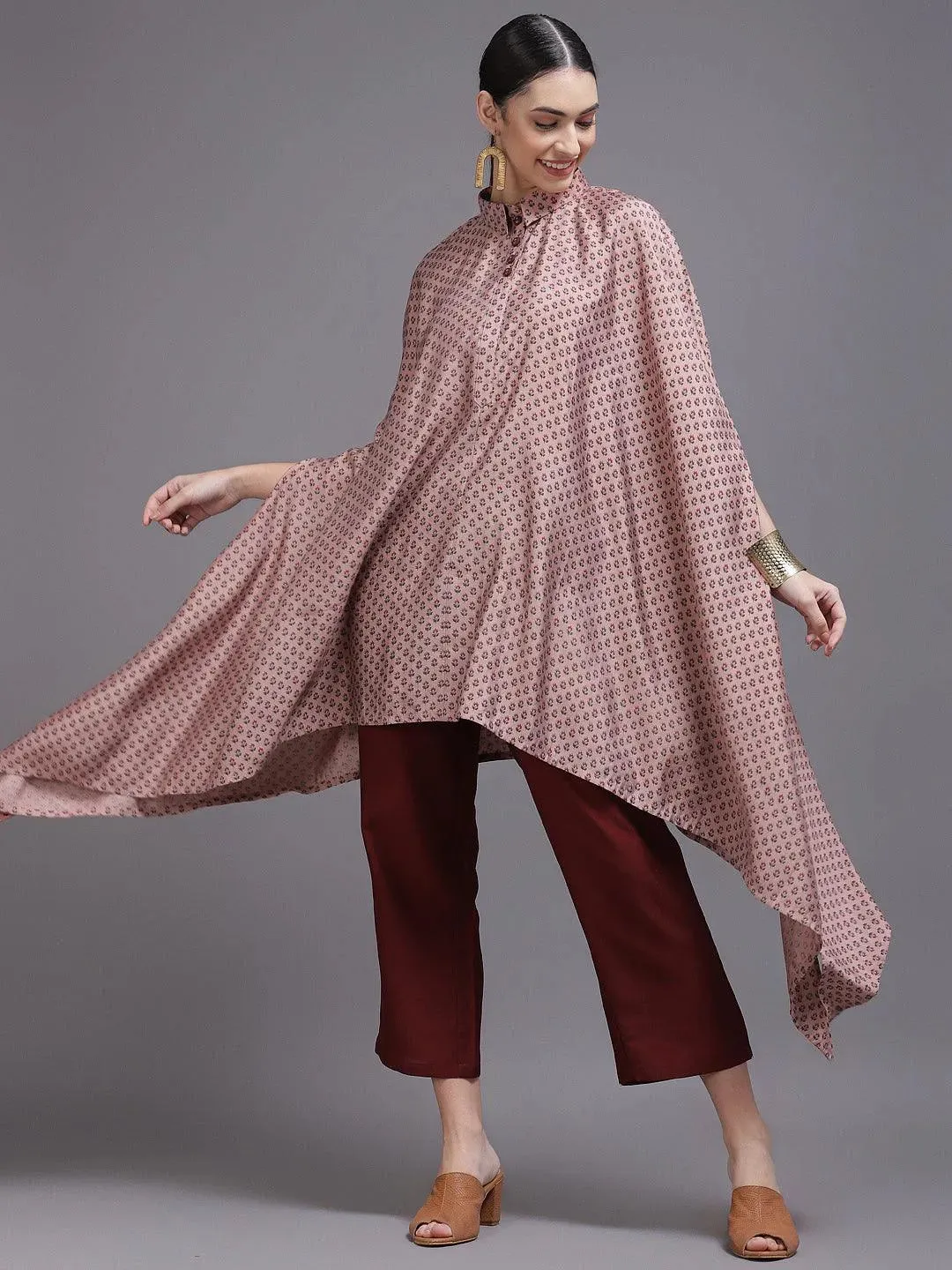 Peach Printed Silk Blend Kaftan Kaftan With Trousers