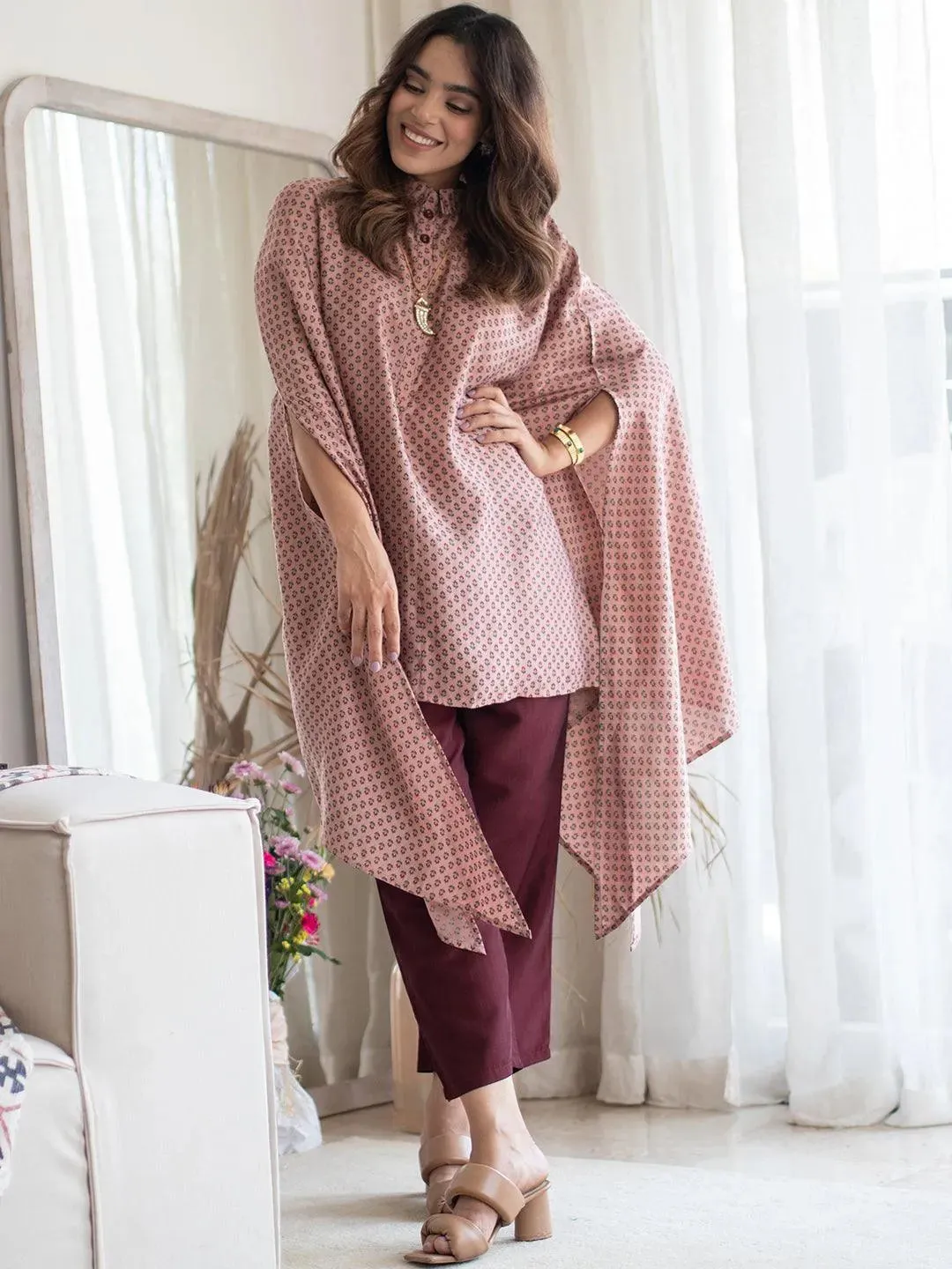 Peach Printed Silk Blend Kaftan Kaftan With Trousers