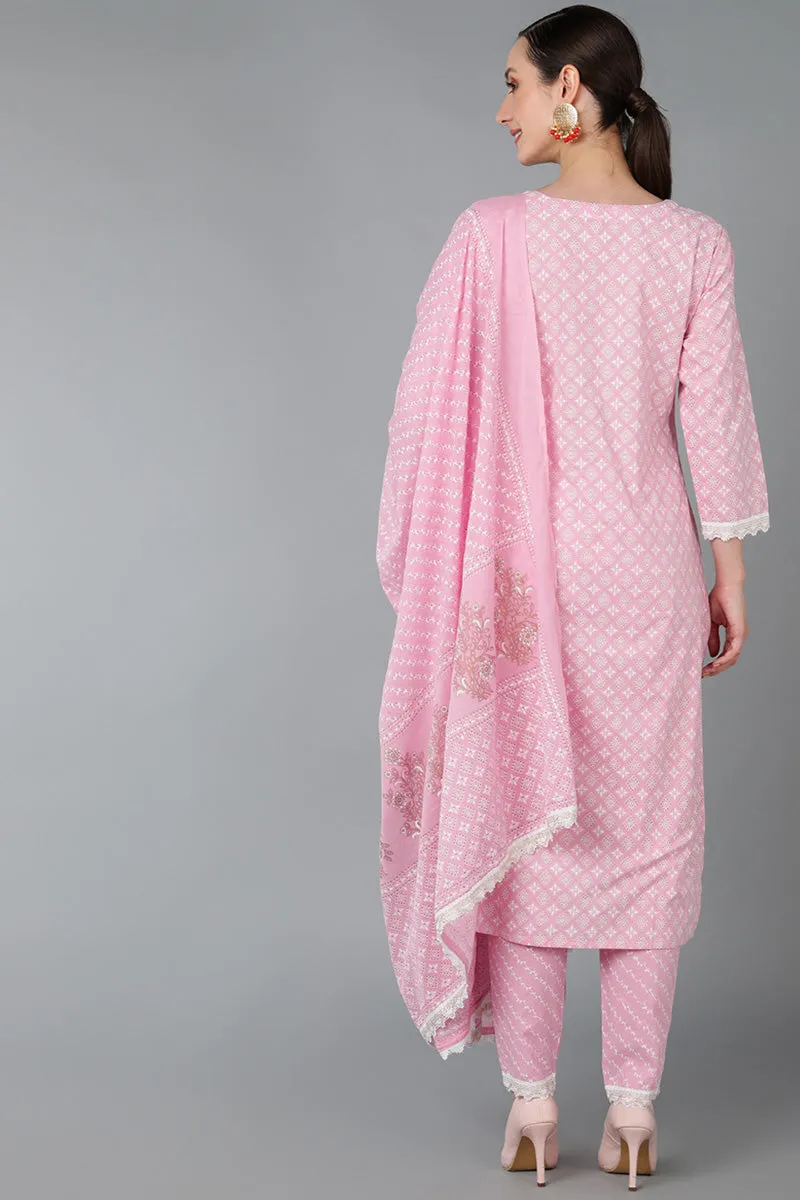 Pink Cotton Yoke Design Abstract Printed Straight Kurta Pant With Dupatta