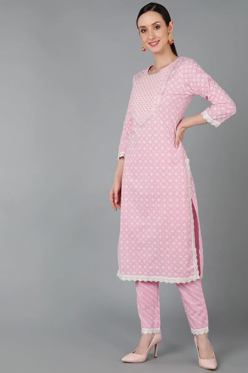 Pink Cotton Yoke Design Abstract Printed Straight Kurta Pant With Dupatta