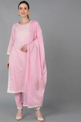 Pink Cotton Yoke Design Abstract Printed Straight Kurta Pant With Dupatta