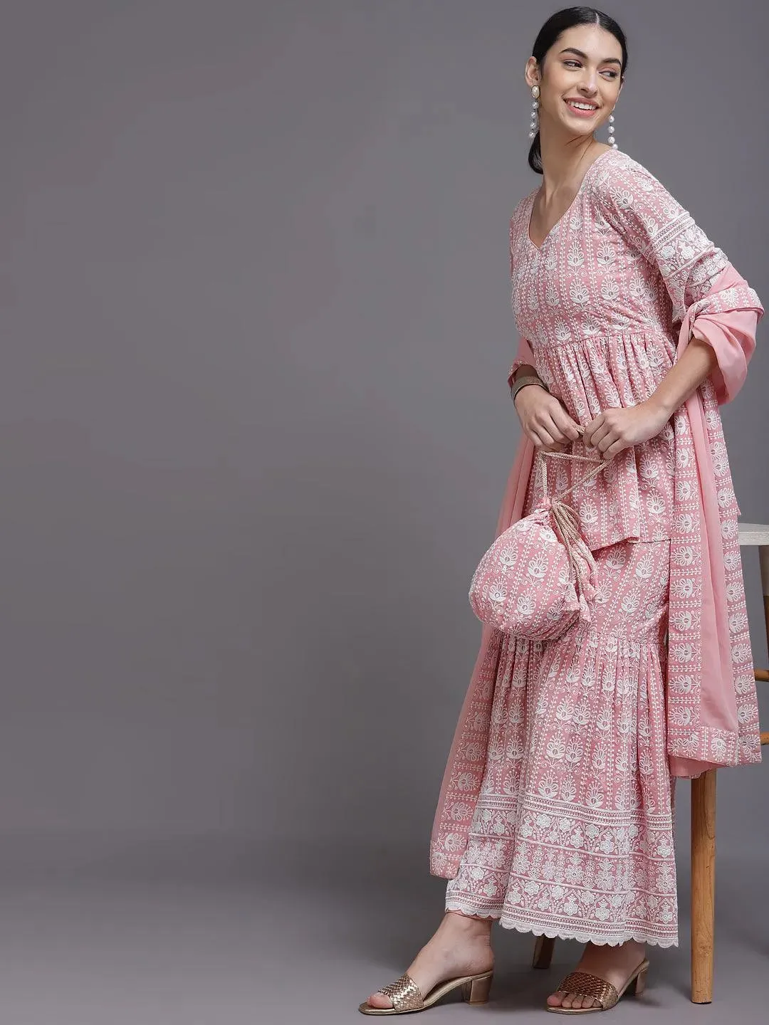 Pink Embroidered Georgette Pakistani Style Kurta With Sharara & Dupatta