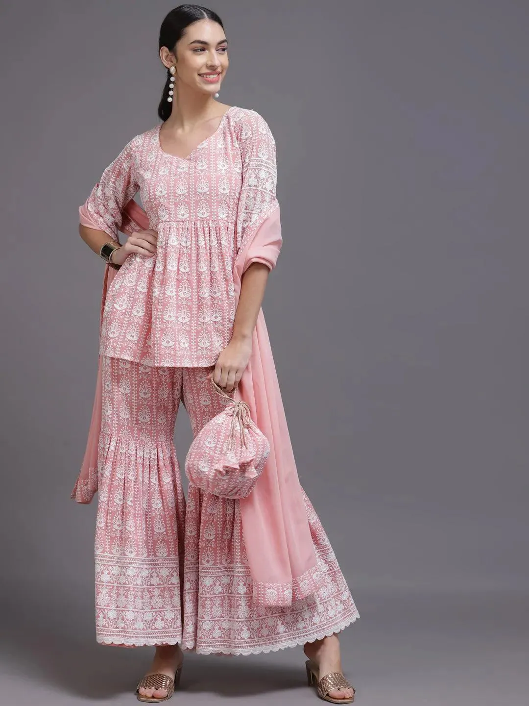 Pink Embroidered Georgette Pakistani Style Kurta With Sharara & Dupatta