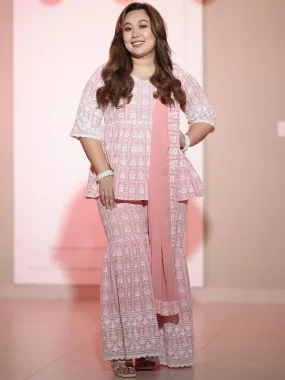 Pink Embroidered Georgette Pakistani Style Kurta With Sharara & Dupatta