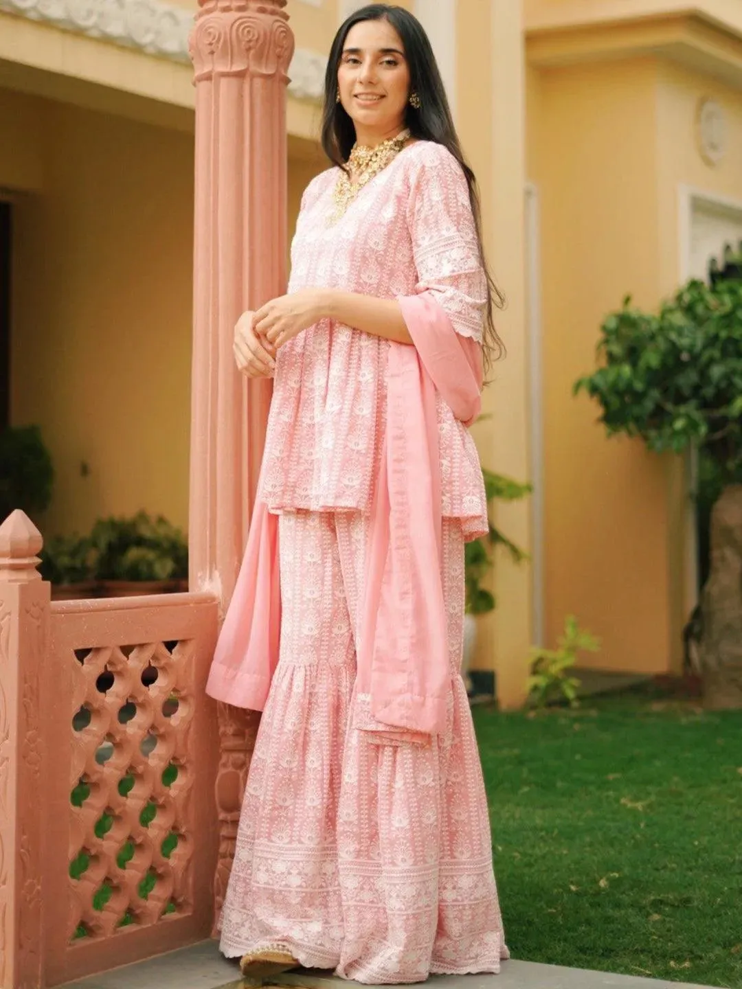 Pink Embroidered Georgette Pakistani Style Kurta With Sharara & Dupatta