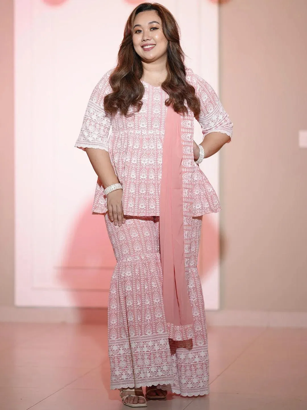Pink Embroidered Georgette Pakistani Style Kurta With Sharara & Dupatta