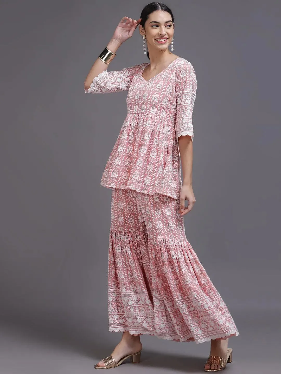 Pink Embroidered Georgette Pakistani Style Kurta With Sharara & Dupatta