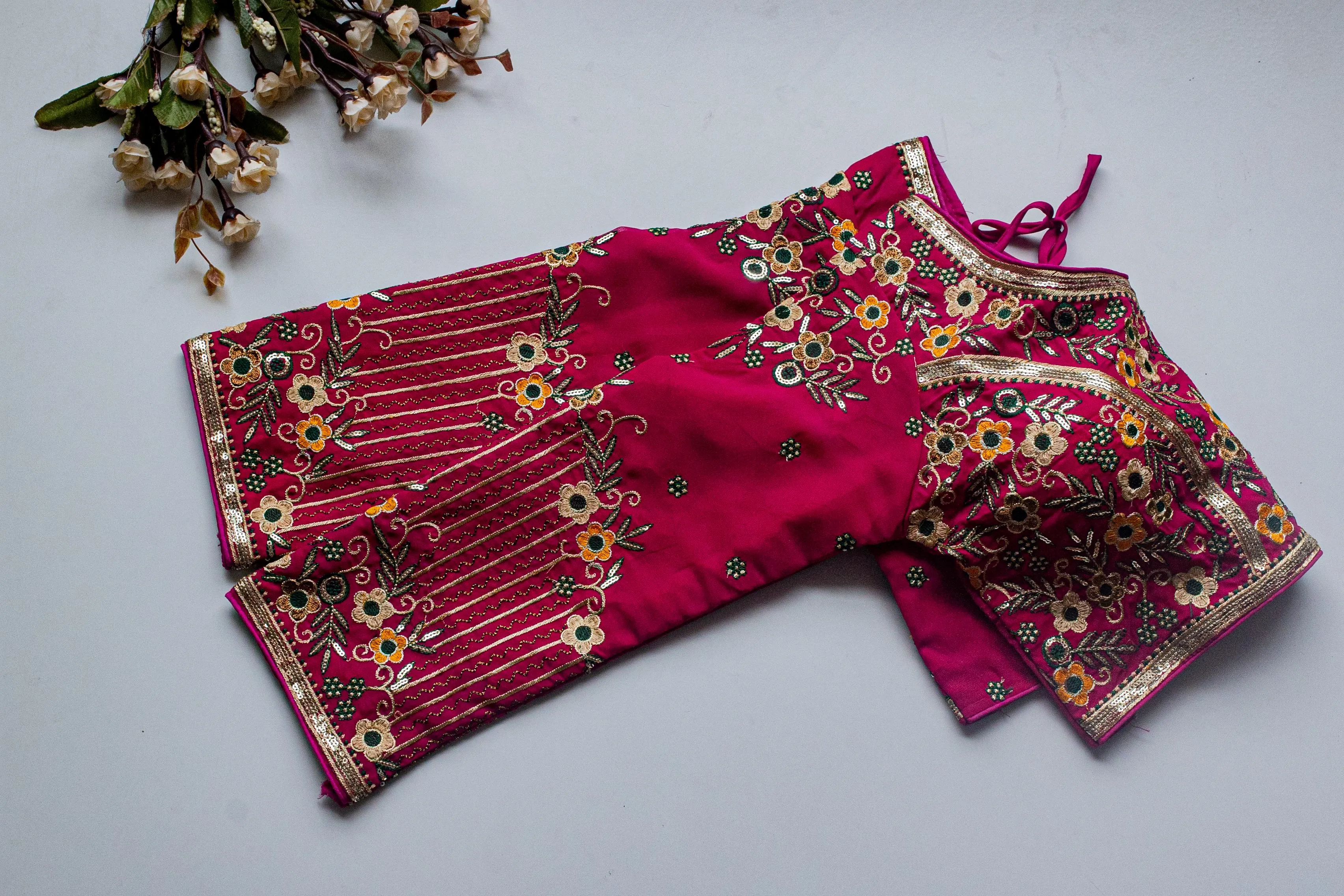 Pink Handcrafted Sequined Blouse in Khushi Silk