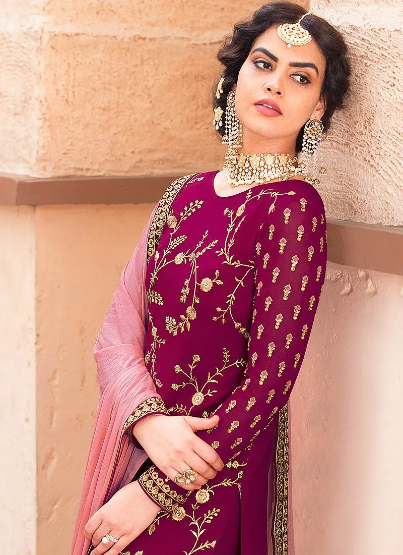 Pink Two Tone Embroidered Palazzo Suit