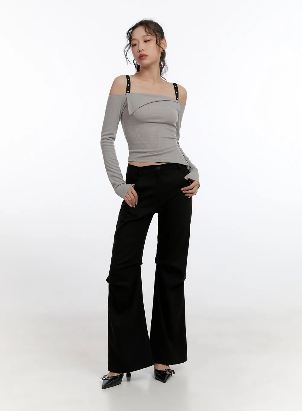 Pintuck Wool-Blend Flared Pants CN421