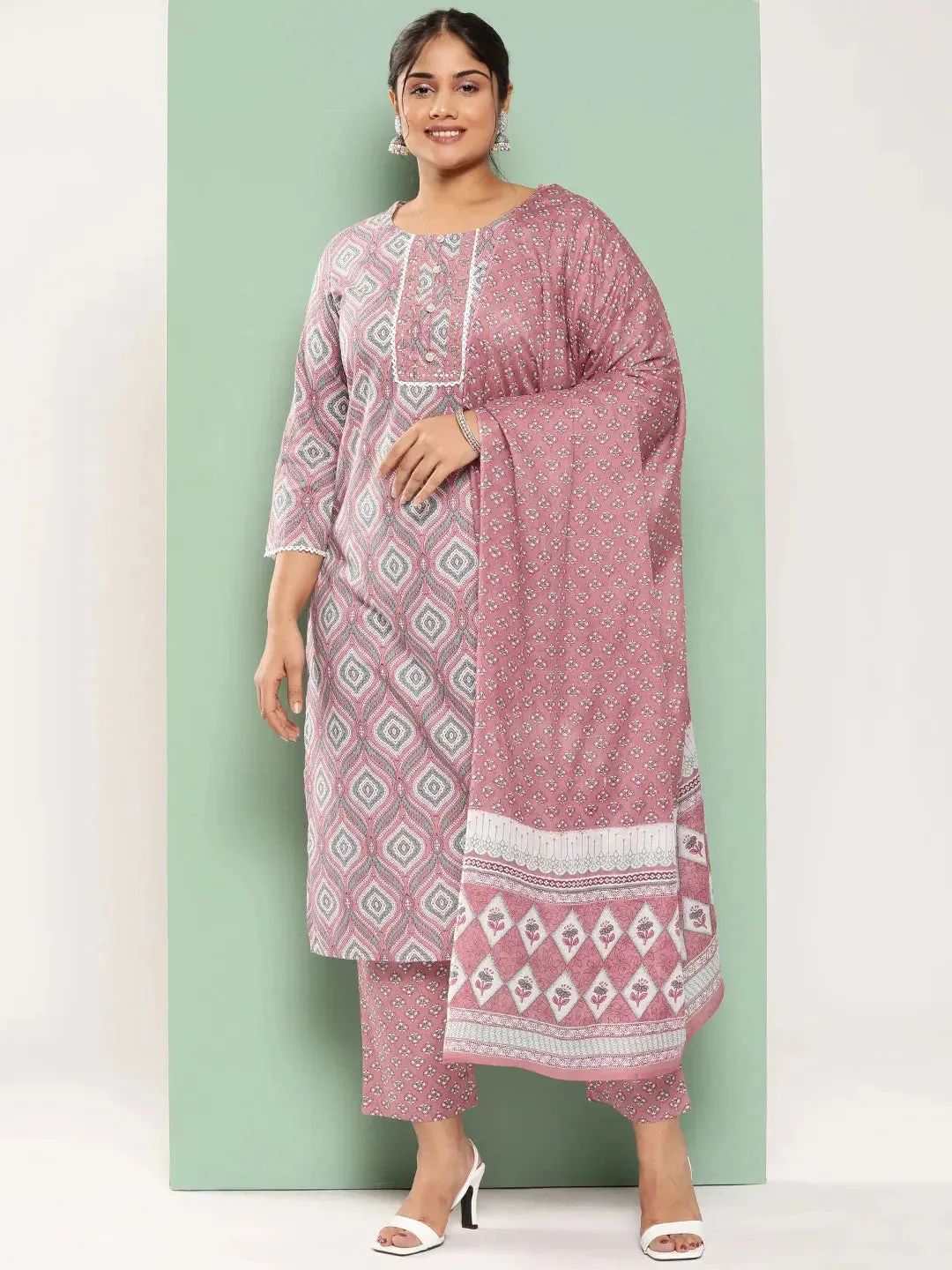 Plus Size Ethnic Motifs Printed Regular Sequined Pure Cotton Kurta Set