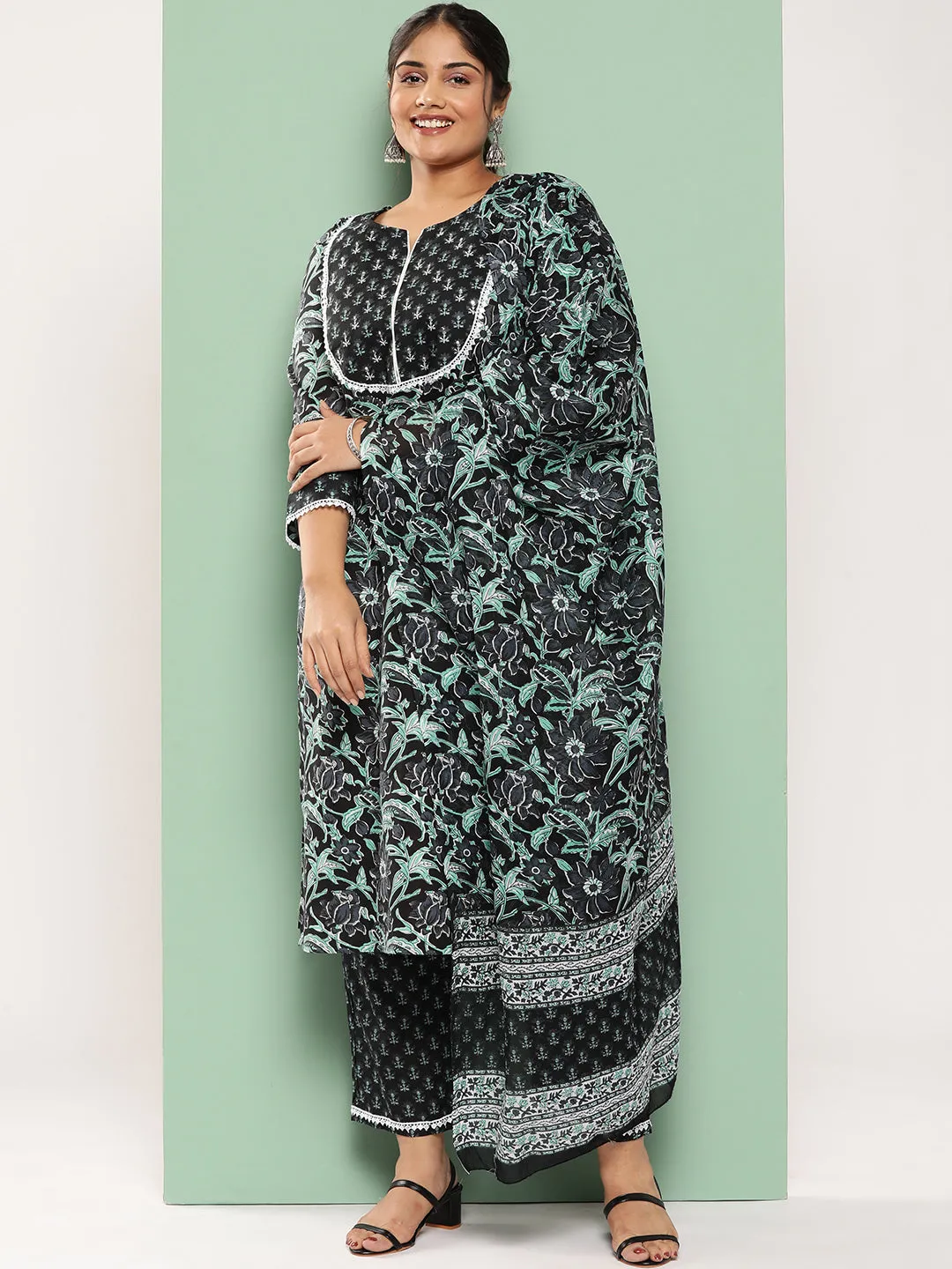 Plus Size Floral Printed Sequined Pure Cotton Kurta With Trousers & Dupatta
