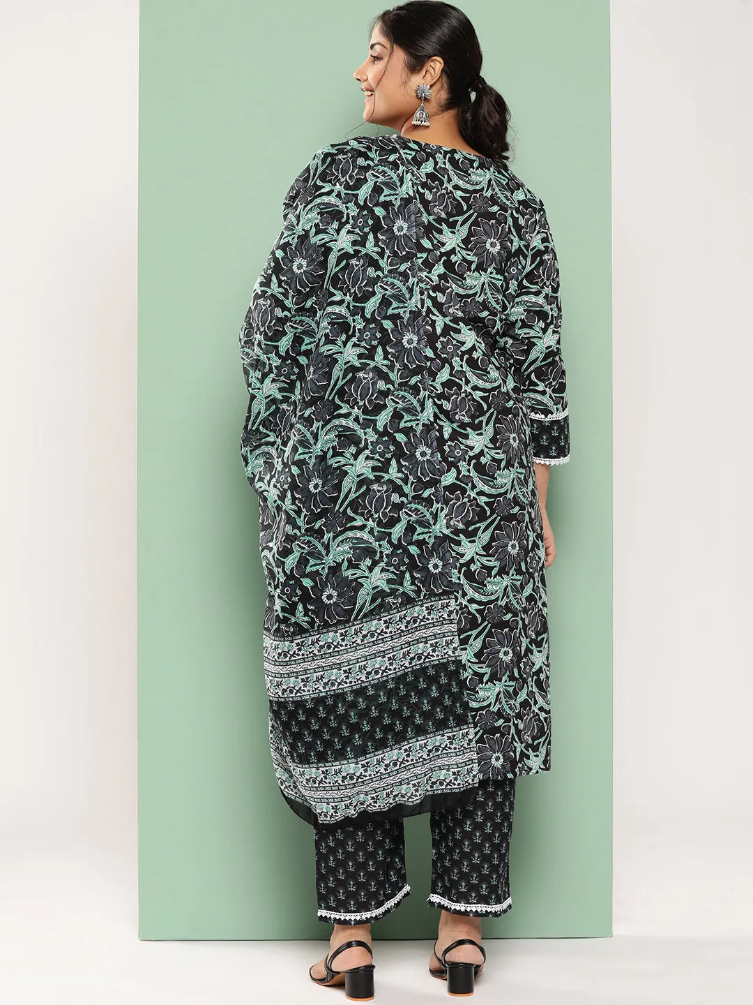 Plus Size Floral Printed Sequined Pure Cotton Kurta With Trousers & Dupatta