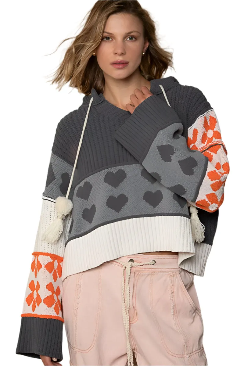 POL Valentine Heart Color Block Bell Sleeve Hooded Sweater