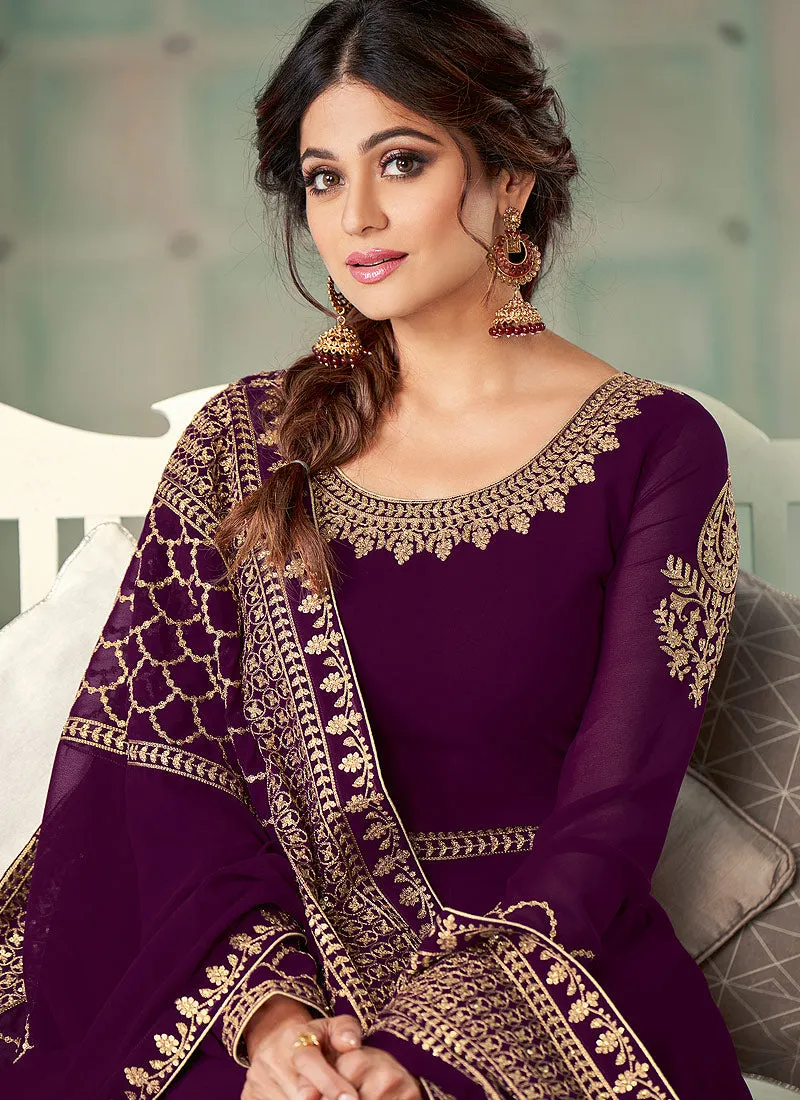 Purple Embroidered Flared Anarkali Suit
