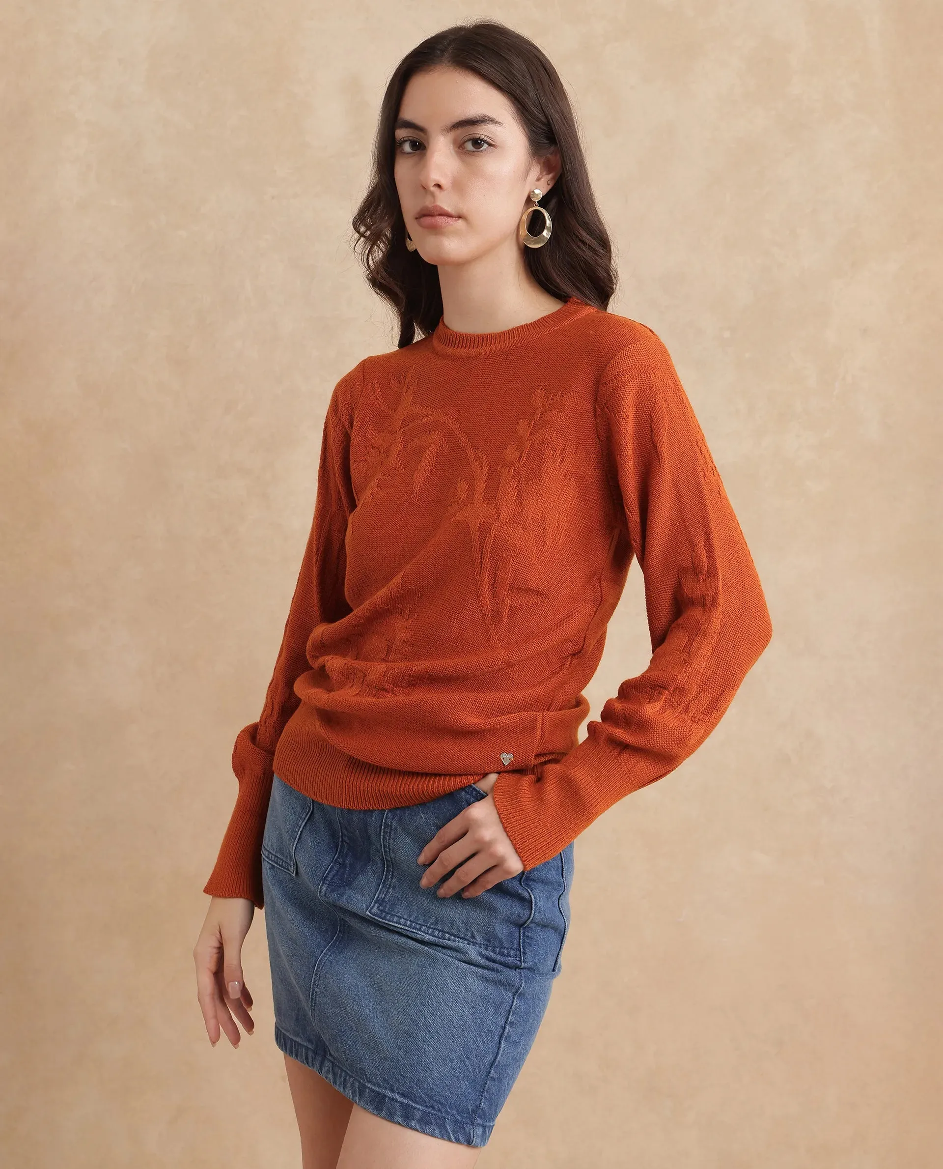 Rareism Women Bloomy Rust Acrylic Fabric Plain Sweater