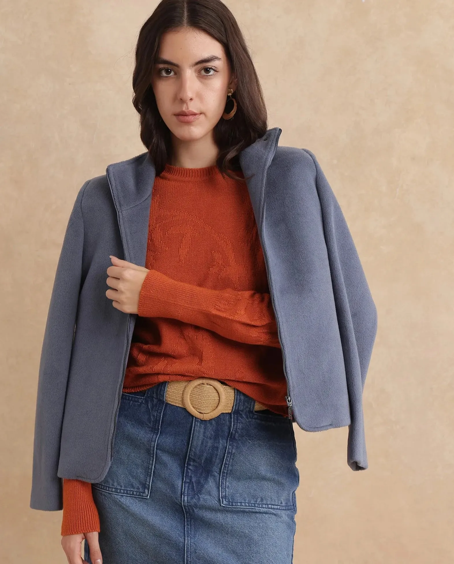 Rareism Women Bloomy Rust Acrylic Fabric Plain Sweater