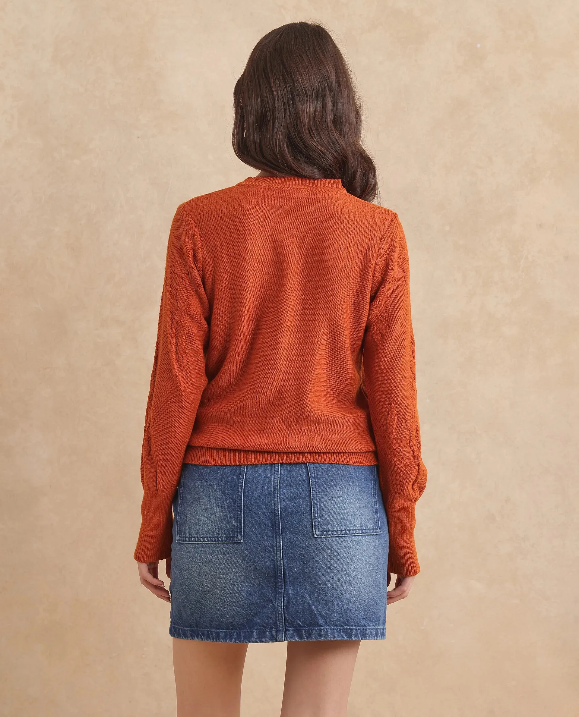 Rareism Women Bloomy Rust Acrylic Fabric Plain Sweater