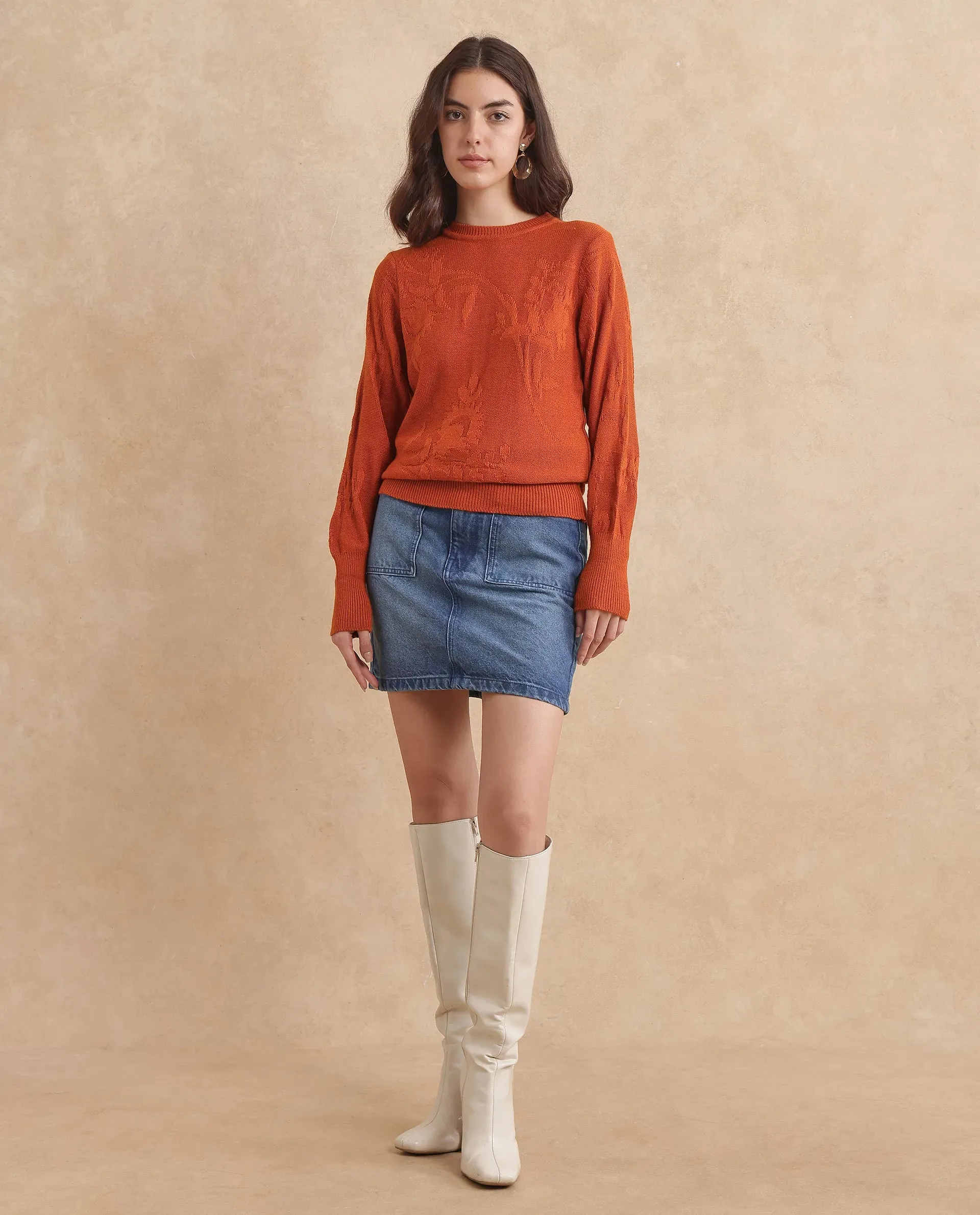 Rareism Women Bloomy Rust Acrylic Fabric Plain Sweater