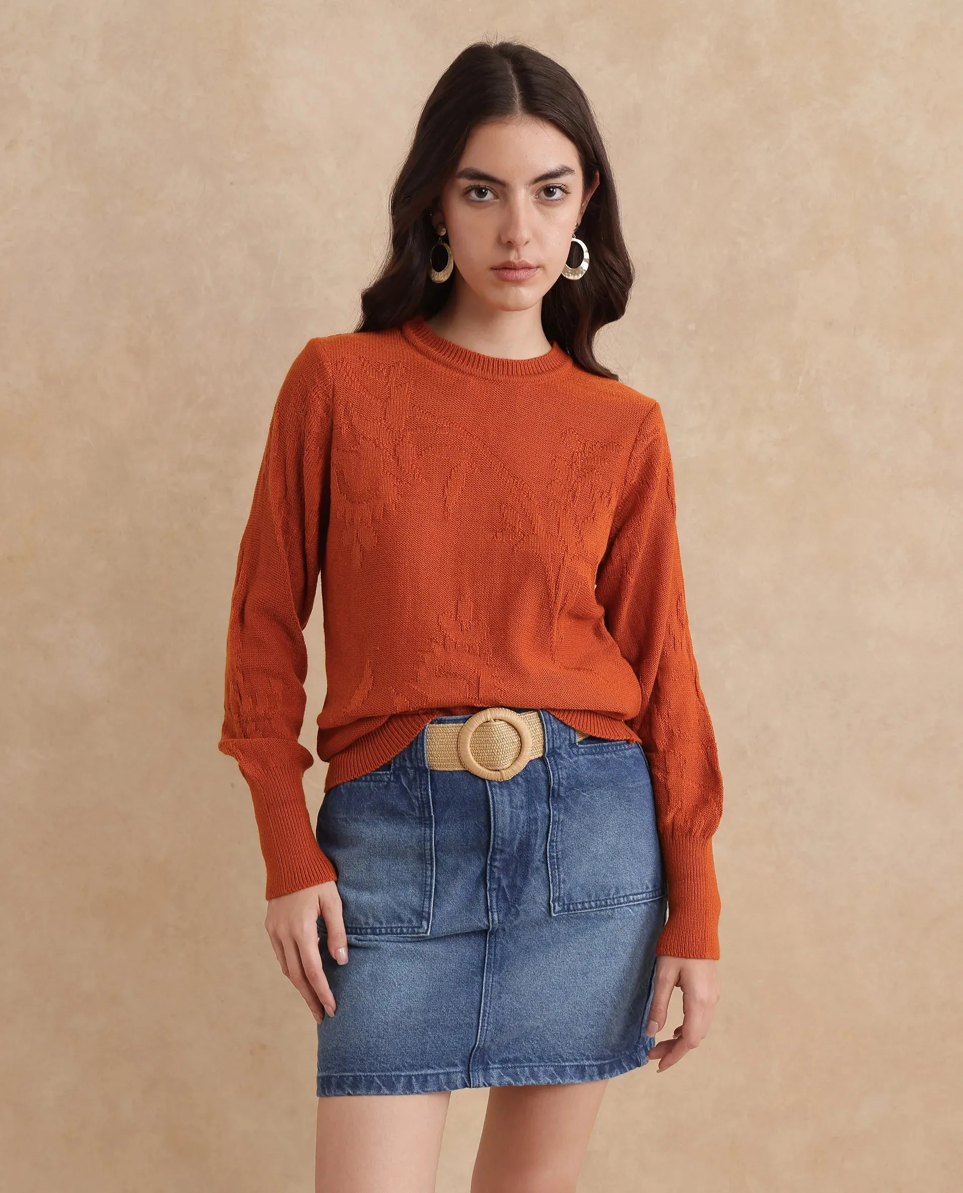 Rareism Women Bloomy Rust Acrylic Fabric Plain Sweater