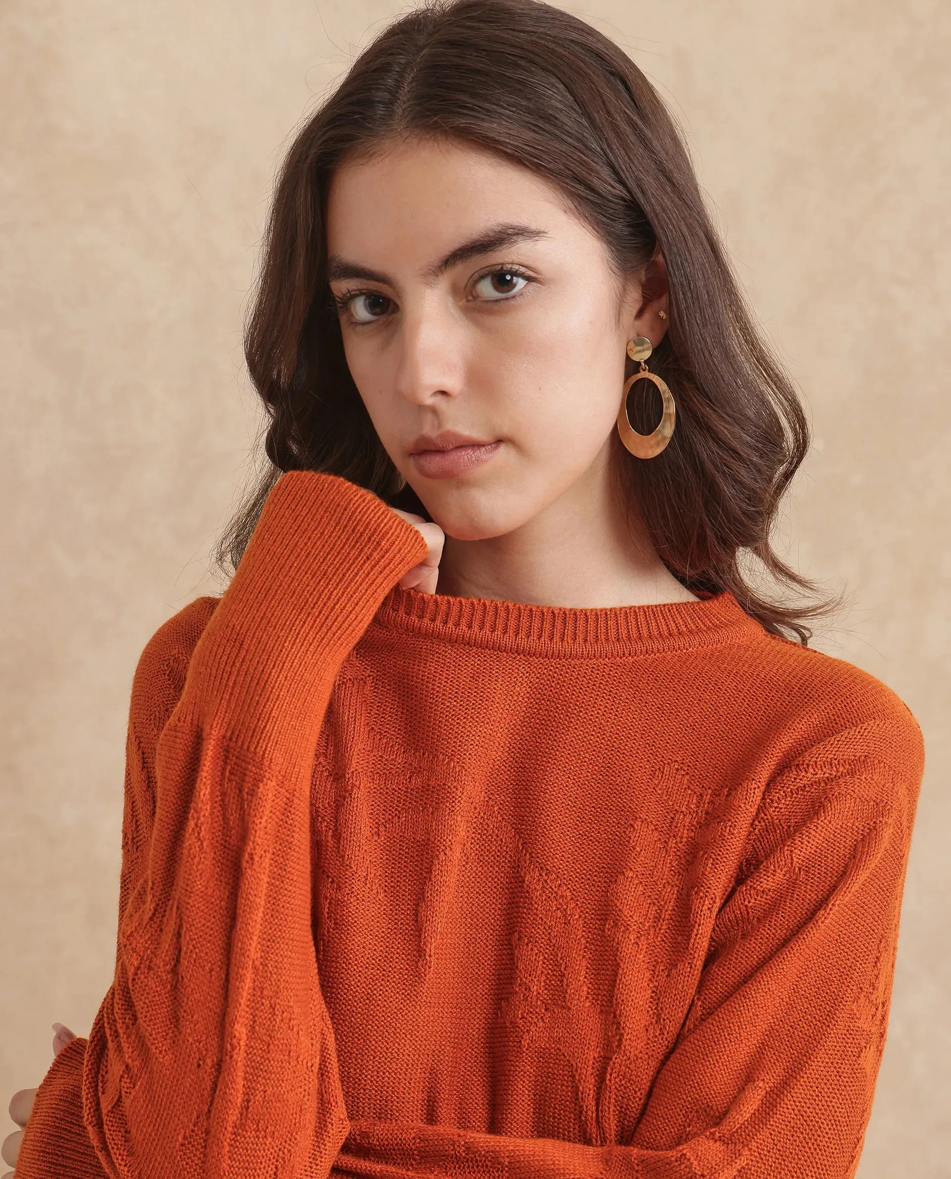Rareism Women Bloomy Rust Acrylic Fabric Plain Sweater
