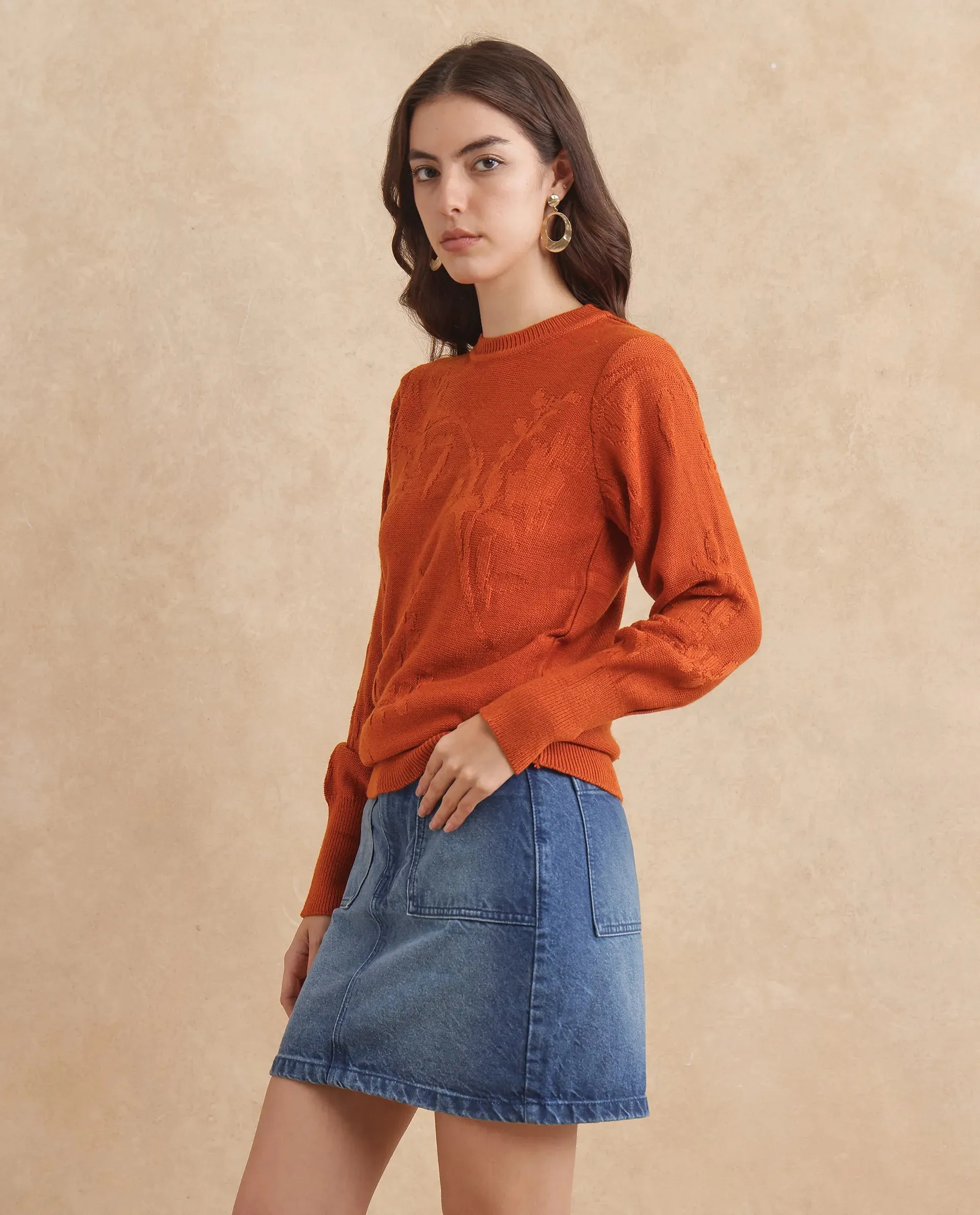 Rareism Women Bloomy Rust Acrylic Fabric Plain Sweater