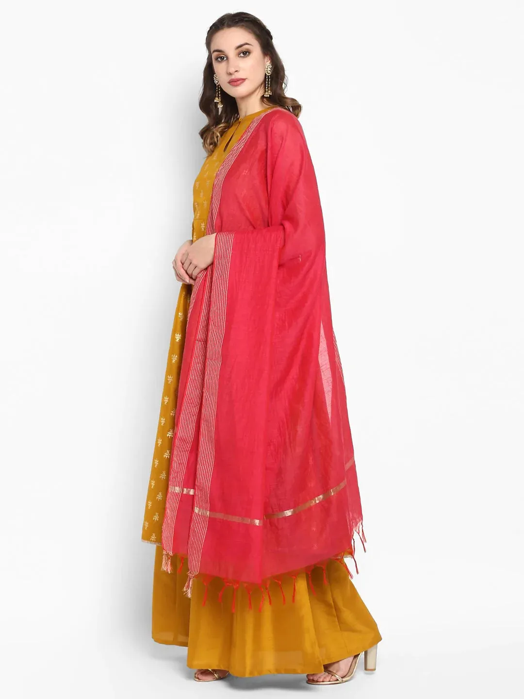 Rayon Yellow Foil Print Kurta Palazzo Set with Cotton Slub Dupatta