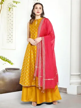 Rayon Yellow Foil Print Kurta Palazzo Set with Cotton Slub Dupatta