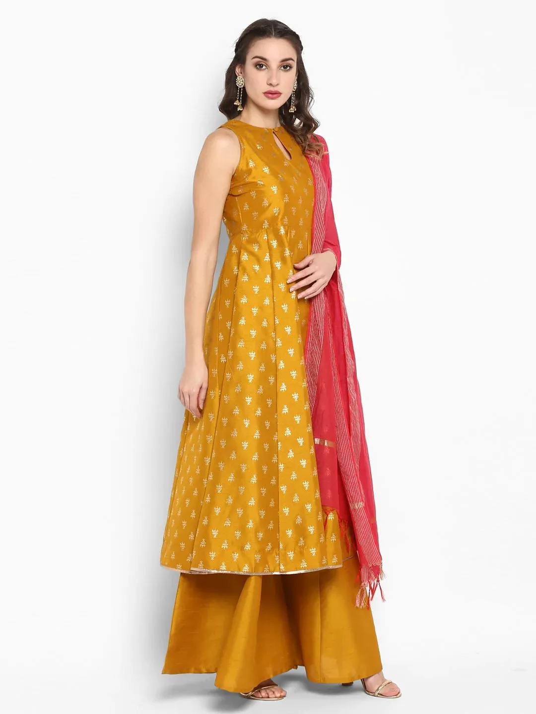 Rayon Yellow Foil Print Kurta Palazzo Set with Cotton Slub Dupatta