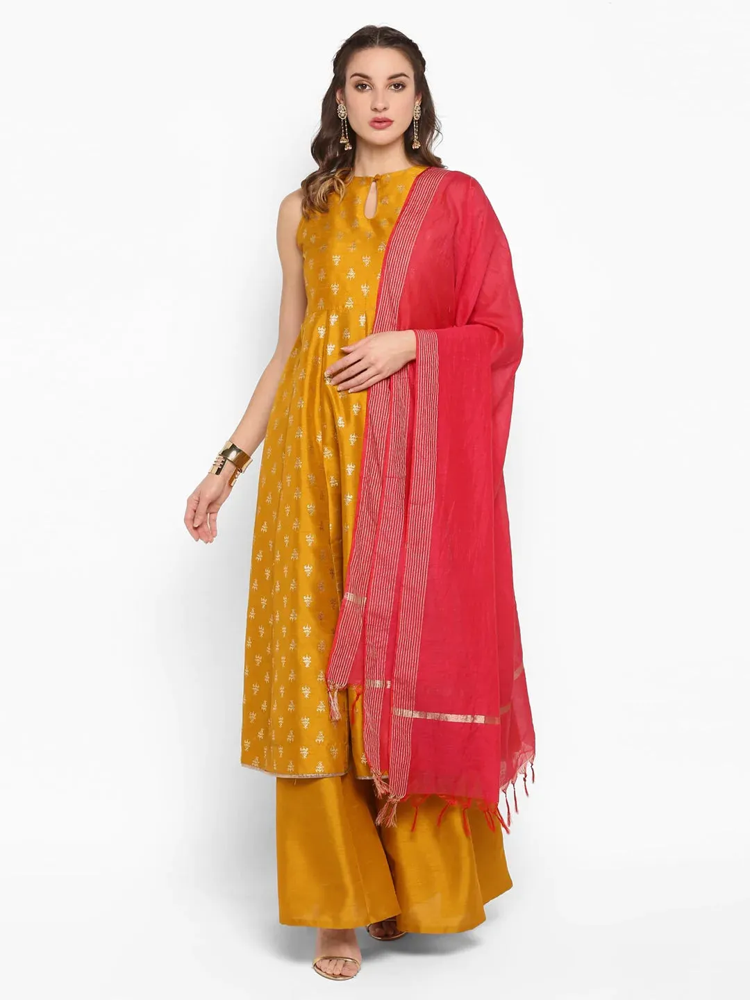 Rayon Yellow Foil Print Kurta Palazzo Set with Cotton Slub Dupatta