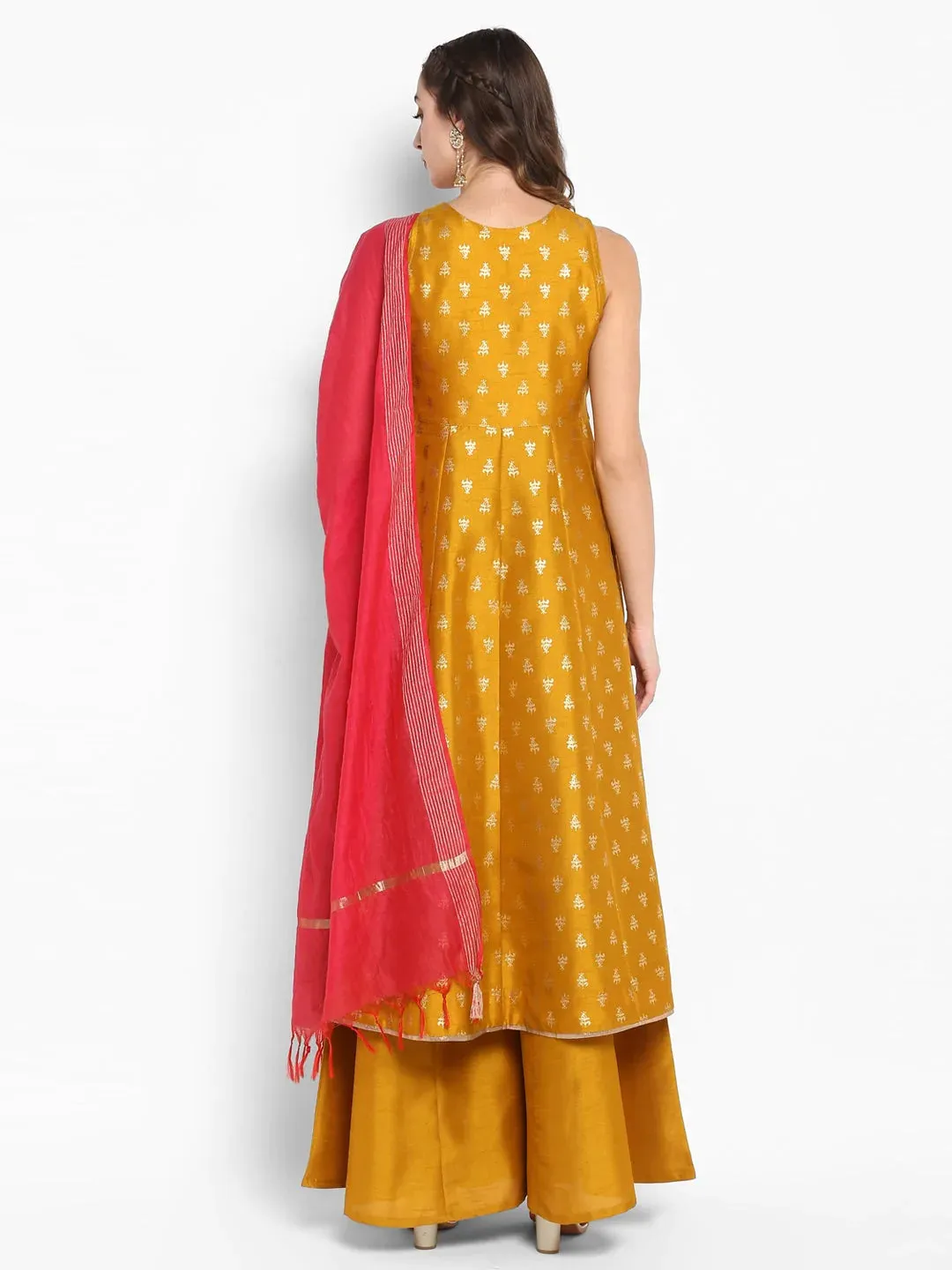 Rayon Yellow Foil Print Kurta Palazzo Set with Cotton Slub Dupatta