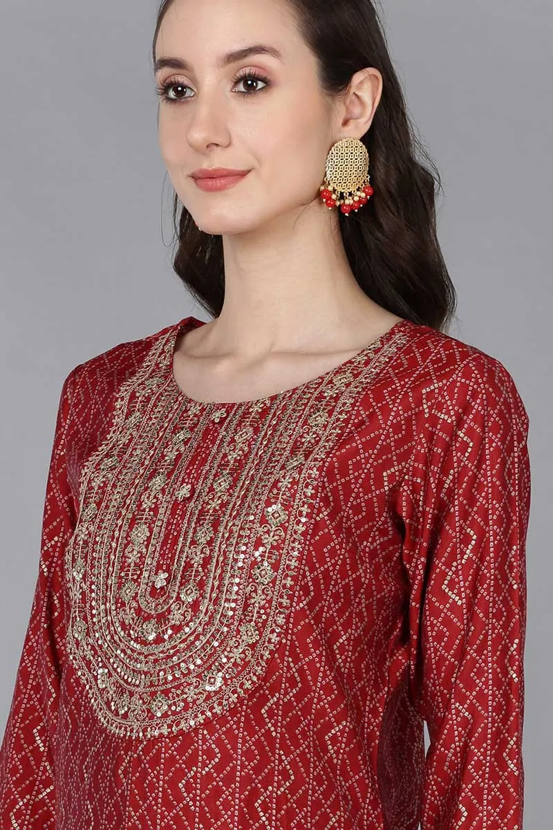 Red Silk Blend Bandhani Print Embroidered Straight Suit Set