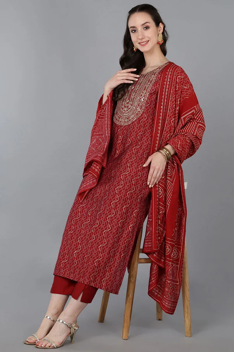 Red Silk Blend Bandhani Print Embroidered Straight Suit Set