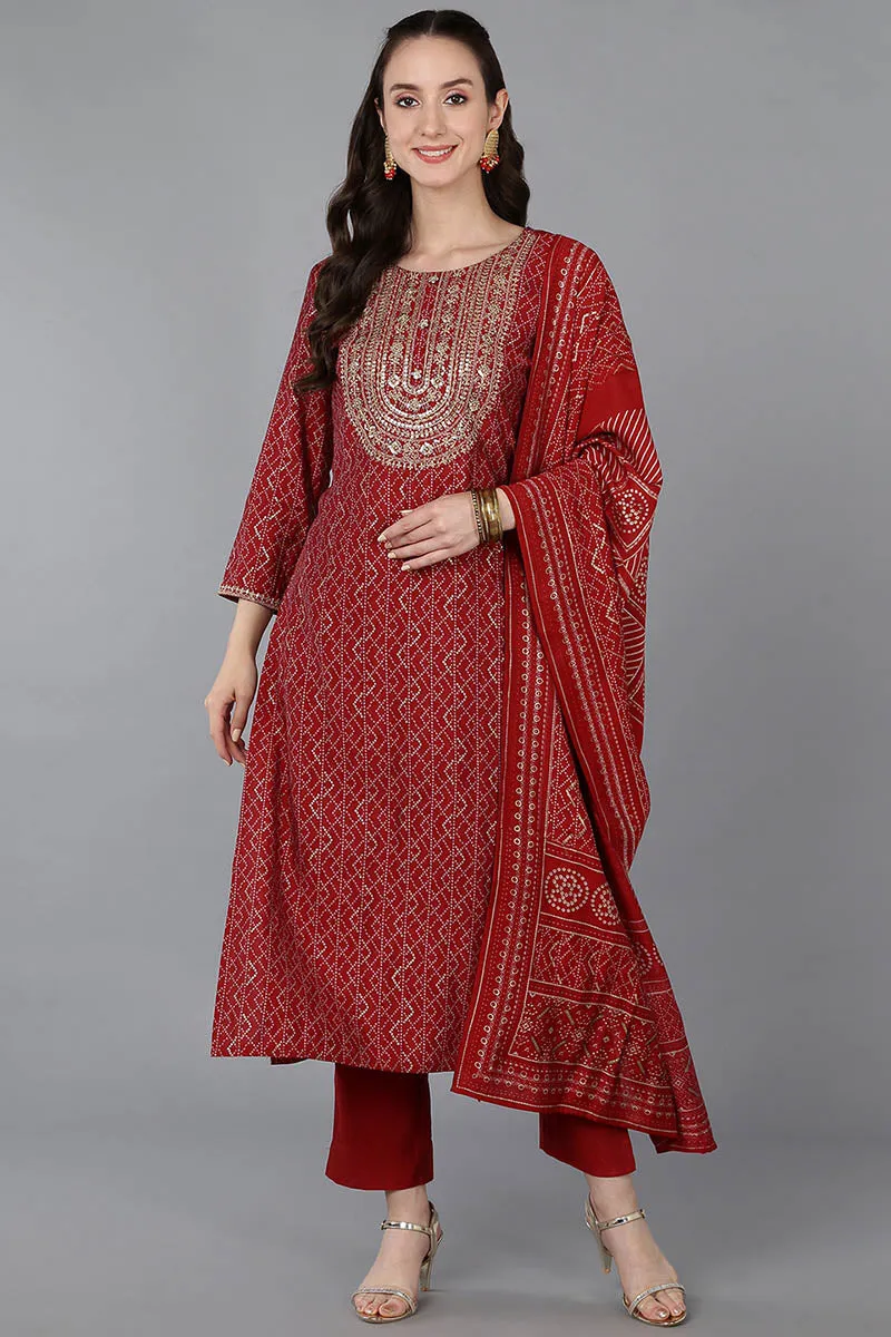 Red Silk Blend Bandhani Print Embroidered Straight Suit Set