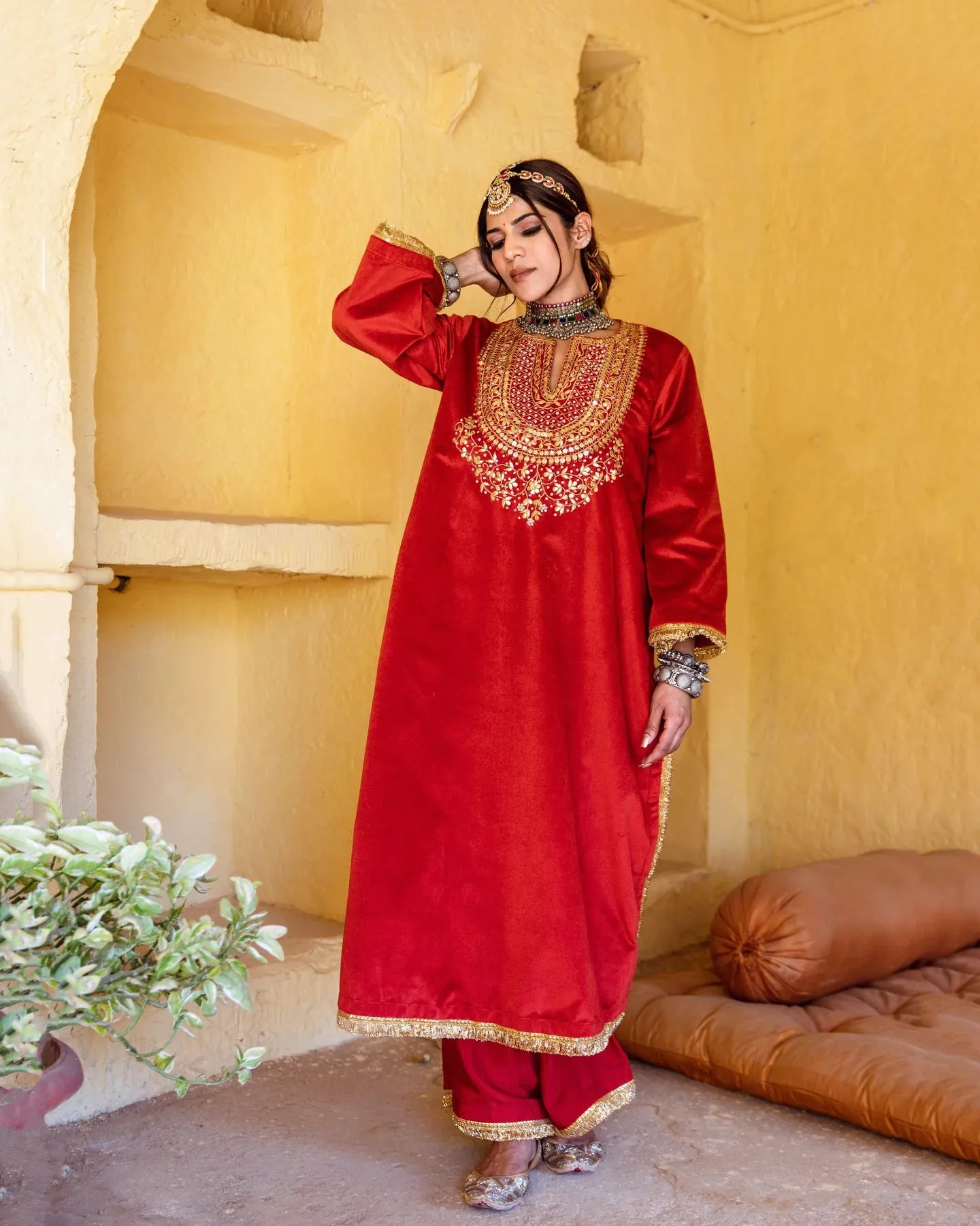 Red Velvet Zardozi work Kurta with Muslin Bottom and an Organza Dupatta Suit Set