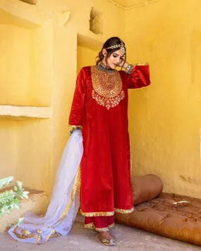 Red Velvet Zardozi work Kurta with Muslin Bottom and an Organza Dupatta Suit Set