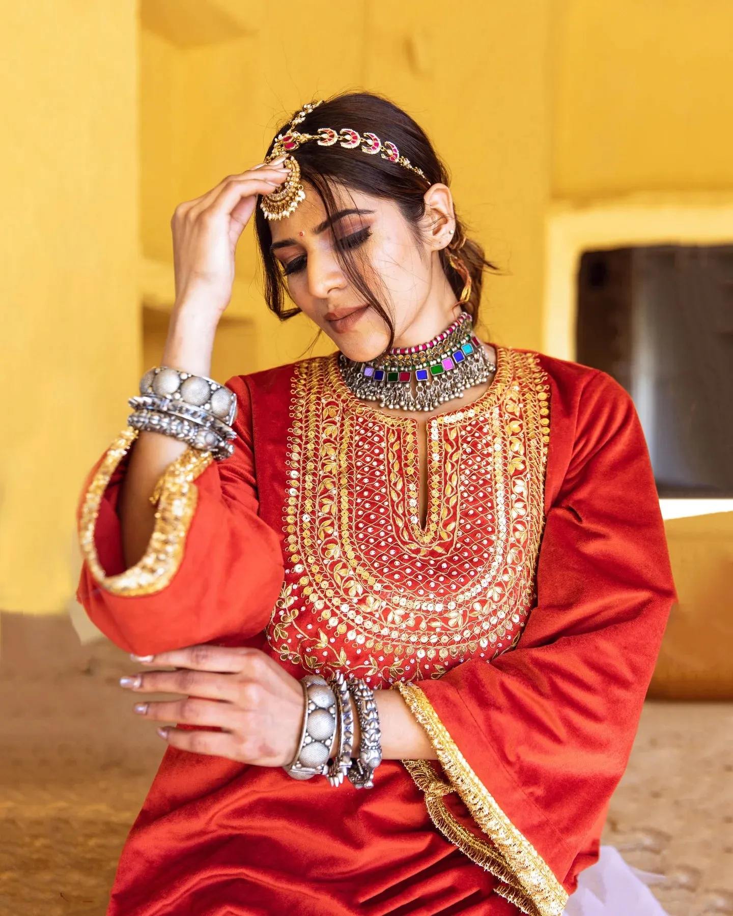 Red Velvet Zardozi work Kurta with Muslin Bottom and an Organza Dupatta Suit Set