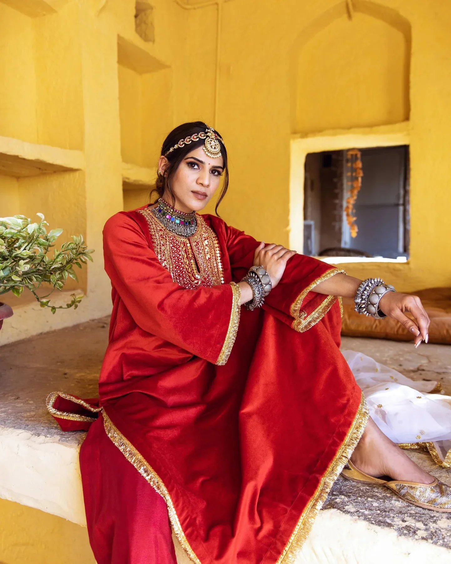 Red Velvet Zardozi work Kurta with Muslin Bottom and an Organza Dupatta Suit Set